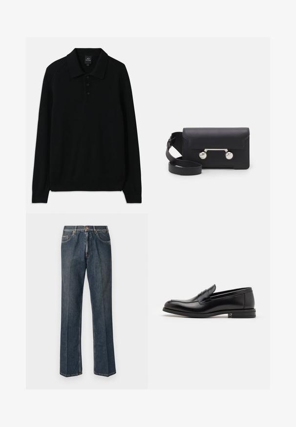 Zwarte gebreide pullover met een kraag, drie knoopsluitingen en geribbelde manchetten. Heeft lange mouwen en een gestructureerde stof.; Donkerblauwe rechte spijkerbroek met een knoopsluiting aan de voorkant, rits, dubbele voorzakken en zichtbare verticale plooien langs de benen.; Zwarte leren instappers met een gladde textuur, ronde neus en een decoratieve band over de wreef. Lage, gestapelde hak en minimalistisch ontwerp.; Zwarte leren schoudertas met een klep, zilverkleurige hardware en twee ronde accenten. Voorzien van een afneembare schouderriem. Soepele textuur.
