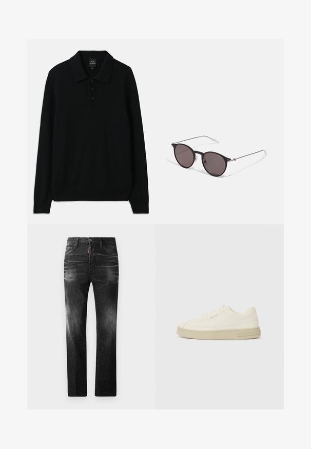 Pullover preto tricotado com gola de colarinho, com patilha de três botões e punhos canelados. Apresenta mangas longas e um tecido texturizado.; Jeans de denim preto com um corte reto. Apresentam áreas desbotadas, ligeira degradação, design clássico de cinco bolsos e um fecho de botão.; Ténis de tela brancos com sola de borracha texturizada, apresentando uma biqueira cosida e um detalhe com o logótipo no calcanhar. Design simples com atacadores.; Óculos de sol redondos pretos com lentes escuras e hastes metálicas finas. Inclui pontas de templo transparentes e detalhes em prata na dobradiça. Design minimalista.