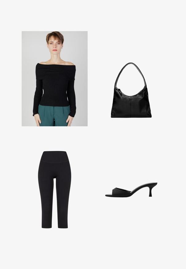 Zwarte geribbelde off-shoulder trui met lange mouwen, strakke pasvorm en textuurstof. Gecombineerd met tealbroeken.; Zwarte driekwart leggings van rekbare stof, met een hoge tailleband en zonder zichtbare patronen of hardware.; Zwarte hakken mules met een brede, open teen en een gebogen bovenkant. Gemaakt van textuurstof, met een slanke hak en een gladde zool.; Zwarte leren schoudertas met een gladde textuur, een gebogen bovenkant en een enkele schouderband. Voorzien van een ritsluiting en een minimalistisch design.