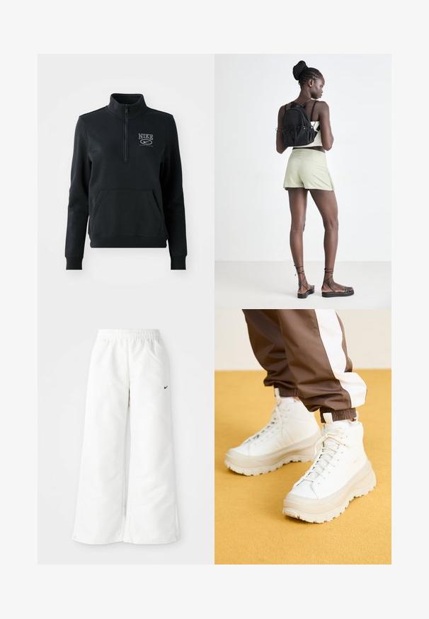 Melns Nike džemperis ar pusauztrauku, priekšējo kabatu un logo detaļām. Izgatavots no mīksta auduma ar ribotām piedurknēm un apakšmalu.; Baltie sporta bikses ar plaša kāju dizainu, elastīgu jostasvietu un mazu melnu Nike logo kreisajā pusē. Gluda, viegla materiāla.; Balti augstie kedu ar masīvu, tekstūrētu zoli, gluda augšdaļa, apaļa purngalu un tonālām šņorēm uz dzeltena fona.; Melna zīmola mugursoma ar aukliņu, gaiši zaļie šorti, bēšs tops un melnas sandales ar siksniņām. Modelis pozē no aizmugures pret gaismu fona.