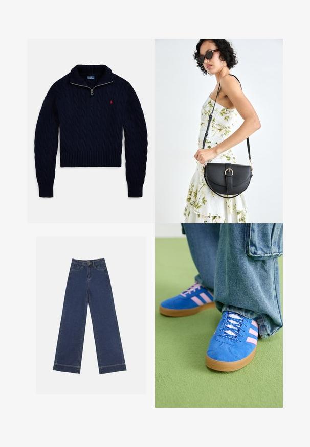 Tumši zils adīts džemperis ar puszipa apkakli un sarkanu izšūtu logo uz kreisās krūtis.; Platās kājas džinsi tumši zilā denima krāsā. Iespējas: piecas kabatas, siksnu cilpas un neapstrādāta apakša ar redzamām šuvju detaļām.; Zilas zamšādas kurpes ar rozā svītrām un baltām šņorēm, aprīkotas ar gumijas zoli, kopā ar brīvām džinsu biksēm uz zaļas virsmas.; Melnas ādas rokassoma ar izliekta formu, noņemamu siksnu un zelta aksesuāriem. Somai ir vāciņš ar sprādzes detaļu.