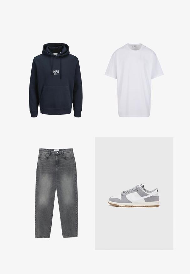 Dunkelblauer Hoodie mit einer Kapuze mit Zugband, vorderer Kängurutasche und weißem gesticktem Logo "JACK & JONES" auf der Brust. Weiches Material.; Weiße Baumwoll-T-Shirt mit kurzen Ärmeln, rundem Ausschnitt, lockerer Passform und ohne sichtbare Logos oder Muster. Glatte Textur und minimalistisches Design.; Hoch taillierte, locker sitzende Jeans aus verwaschenem schwarzem Denim. Verfügt über fünf Taschen, Gürtelschlaufen und ein sauberes, gerades Bein-Design.; Graue und weiße Sneaker mit einem Obermaterial aus Wildleder und Leder, abgerundeter Spitze, flachen Schnürsenkeln und einer Gummisohle mit einem Kautschukakzent.