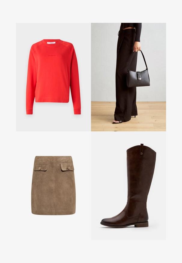 Röd sweatshirt i bomull med rund halsringning och långa ärmar. Diskret logotypdetalj på framsidan. Slät textur.; Brun mockaskinn mini kjol med en slät textur, som har två framfickor med klaff och knäppningar på varje sida. Enkel, rak design.; Bruna knähöga stövlar i slät läder, med rund tå, låg klack och ett subtilt söm-mönster längs sidorna.; Svart handväska med strukturerad form, slät yta och metallspänne. Matchad med vida svarta byxor och sandaler med öppen tå på trägolv.