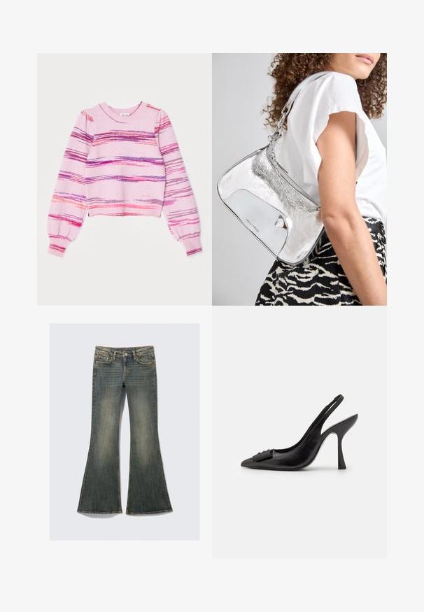 Háčkovaný svetr v světle růžové barvě s horizontálními pruhy v purpurové, oranžové a červené. Má dlouhé, nafouknuté rukávy a kulatý výstřih.; Rozšířené džíny z denimu v bledě modré barvě s klasickým pětipocket designem, přičemž mají mírnou strukturu a viditelné švy.; Černá kožená slingback obuv se špičatou špičkou, úzkým vysokým podpatkem a dekorativním mašličkovým prvkem. Hladká textura a elegantní design.; Stříbrná metalická kabelka na rameno s hladkým povrchem, zakřiveným designem, řetízkovým popruhem a lesklým předním panelem s jemným laserem vyrytým logem.