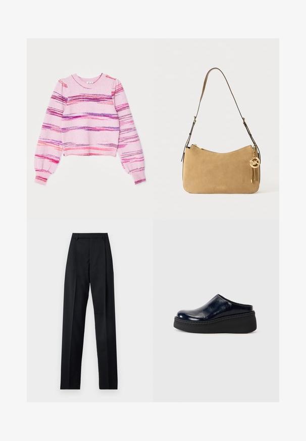 Virkat tröja i ljusrosa med horisontella ränder i lila, orange och röd. Har långa, puffiga ärmar och en rundad halsringning.; Svarta byxor i mjukt tyg med hög midja, vida ben, framfickor och klassiska bältesöglor. Inga sidofickor synliga.; Mörkblå lackläderträskor med en slät finish, med en tjock svart plattformssula och synlig sömnad längs botten.; Tan mockasinaxelväska med en böjd form, guldhardware och dragkedjestängning. Har en fäst charm med inskriptionen "MK."