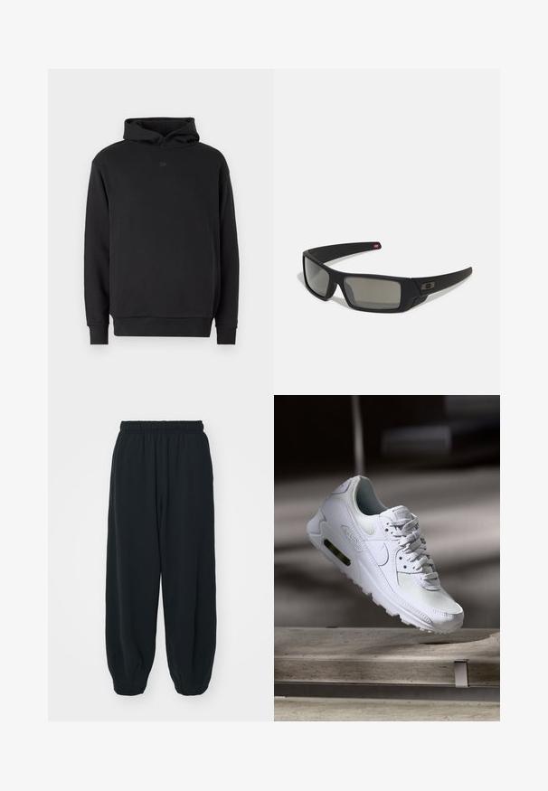 Zwarte hoodie van een katoenmix; beschikt over een kanga-roezak, ribgebreide manchetten en een klein logo op de borst. Zachte textuur, casual ontwerp.; Zwarte, elastiche sweatpants met een losse pasvorm, manchetten aan de enkels, een zachte textuur en zonder zichtbare patronen of hardwareaccenten.; Witte Nike Air Max 90 sneaker met een bovenwerk van mesh en leer, een geperforeerde teenbox en een zichtbare luchtunit in de hiel.; Zwarte zonnebril met een matte afwerking, rechthoekige glazen, een lichte kromming op de slapen, subtiele logodetails en rookgetinte glazen.