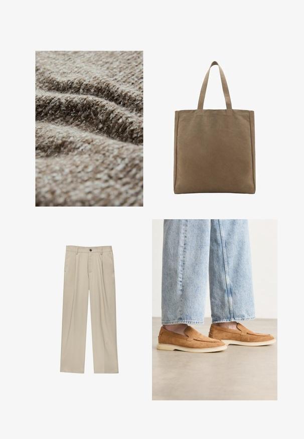 Teksturirana rjava tkanina z zabrisanim videzom, ki vsebuje mešanico svetlih in temnih vlaken, prikazuje tkan vzorec in različno debelino.; Rjava bombažna majica s sproščenim krojem, kratkimi rokavi in belim tiskanim logom na prsih. Preprost dizajn, brez dodatnih okrasov.; Bež hlače ravnega kroja, z enim črnim gumbom, zanke za pas in stranskimi žepi. Gladka tekstura tkanine in minimalističen dizajn.; Rjave suedne natikače z nizkim profilom, kremasto zunanjostjo in detajli stikanja, v kombinaciji z svetlo modrimi kavbojkami.; Platnena torba v bež barvi, ki ima dva močna ročaja. Pravokotna oblika z gladko teksturo in brez vidnih okraskov.
