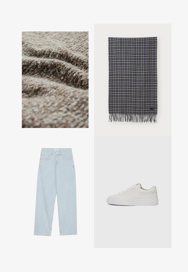 Strukturēta brūna auduma ar pūkainu izskatu, kurā ir apvienoti gaiši un tumši šūnu pavedieni, parādot austu rakstu un dažādu biezumu.; Gaiši zilas platās kājas džinsi, kas izgatavoti no denima, ar vidēju jostas augstumu, piecām kabatām un pogas aizdari ar šauru metāla akcentu.; Baltas ādas zema profila sporta apavi ar noapaļotu purngali, platu baltu gumijas zoli un minimālistisku šuvju detaļu. Šņorēšana droši piestiprināta caur sešiem acs caurumiem.; Auduma vilnas šalle tumši zila un krēmkrāsa piparu rakstā, ar frizieru malām un nelielu melnu etiķeti. Mīksts audums ar taisnstūra formu.