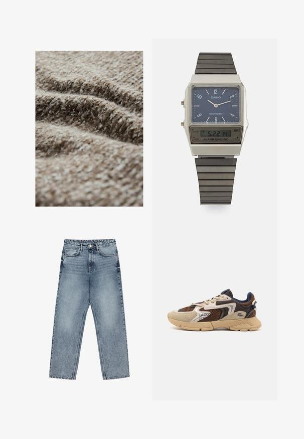 Tissu brun texturé avec une apparence duveteuse, présentant un mélange de fibres claires et foncées, mettant en valeur un motif tissé et une épaisseur variée.; Jean en denim bleu clair avec une coupe droite, couture visible, design à cinq poches et fermeture à bouton à la taille.; Sneaker beige et marron avec des panneaux en maille texturée, des accents en daim et une semelle en caoutchouc. Présente un design à lacets et des détails de marque.; Montre numérique Casio avec un cadran bleu, un boîtier en acier inoxydable et un bracelet en caoutchouc noir à couches. Affiche l'heure et les réglages de l'alarme. Résistante à l'eau.