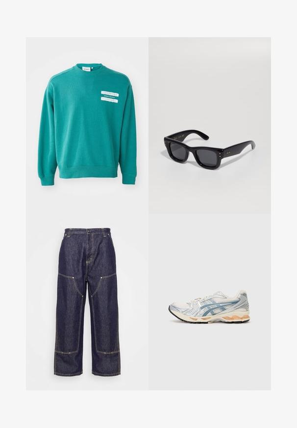 Felpa verde realizzata in tessuto testurizzato, con colletto girocollo, maniche lunghe e due etichette grafiche bianche sul davanti.; Carhartt WIP NASH PANT SMITH - Jeans baggy - blue rinsed; Scarpa da corsa con una tomaia leggera in mesh con accenti argento e blu, un'intersuola beige ammortizzata e una suola esterna in gomma nera resistente.; Occhiali da sole neri con finitura lucida, montatura rettangolare, lenti scure e accenti del logo dorati sulle tempie. Due punti dorati su ciascun angolo anteriore.