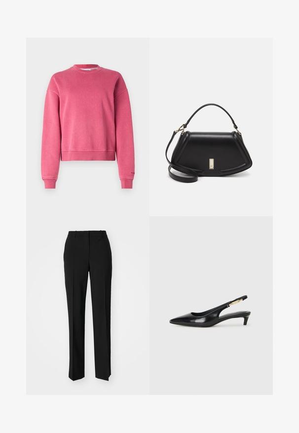 Samsøe Samsøe SAVA - Sweatshirt - rose wine; Svarta skräddarsydda byxor med rak benform, med en slät yta och skarpa veck fram. Ingen synlig hårdvara.; Svart läder slingback-hälar med spetsig tå, med en smal klack och en guldtonad detalj på den justerbara remmen. Slät textur.; Svart läderhandväska med en strukturerad design, som har en avskuren form, ett handtag upptill och guldiga detaljer. Justerbar axelrem ingår.