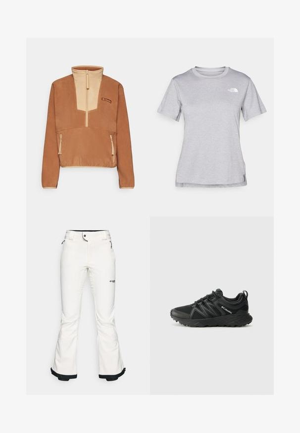 Columbia SEQUOIA GROVE™ 1/2 ZIP - Felpa in pile - camel brown/canoe; T-shirt grigio a maniche corte realizzato in morbido tessuto traspirante. Presenta un collo tondo e un piccolo logo bianco nella parte superiore sinistra.; Pantaloni da sci bianchi realizzati in materiale morbido e flessibile. Presentano una vita aderente, gambe ampie e svasate, con rifiniture nere ai polsini. Logo del marchio visibile.; Columbia PEAKFREAK - Scarpa da hiking - black