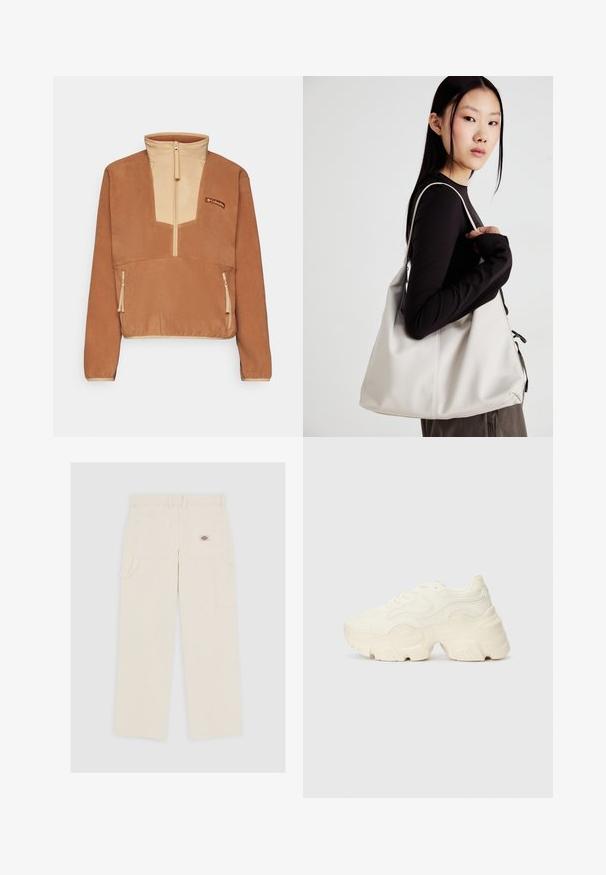 Columbia SEQUOIA GROVE™ 1/2 ZIP - Fleecetrøjer - camel brown/canoe; Lys beige cargo bukser lavet af bomuld, med en lige pasform, flere lommer og et lille brandlogo på baglommen.; Chunky hvide sneakers lavet af tekstureret mesh og syntetiske materialer, med en tyk sål og intrikate mønsterdetaljer langs siderne.; Beige håndtaske lavet af blødt materiale med et slouchy design, stikninger og to skulderremme. Velegnet til daglig brug.