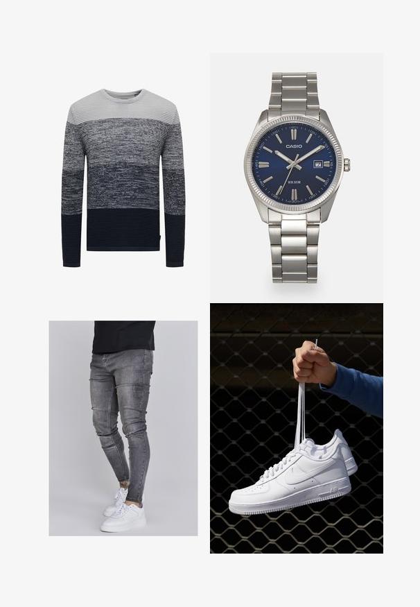 Heren trui met een gradientpatroon dat overgaat van lichtgrijs naar donker marineblauw, geribbelde structuur en lange mouwen. Ronde halslijn.; Skinny jeans in vervaagd grijs denim, met versleten details op de knieën, gecombineerd met witte sneakers. Gladde textuur, slank model.; Witte leren sneakers met perforaties, ronde neus, vlakke zool en dikke veters, met een zichtbare swoosh-logo en "AIR" op de hiel.; Zilveren roestvrijstalen horloge met een marineblauwe wijzerplaat, metalen uurmarkeringen en een datumnis op 3 uur. Waterbestendig tot 50 meter.