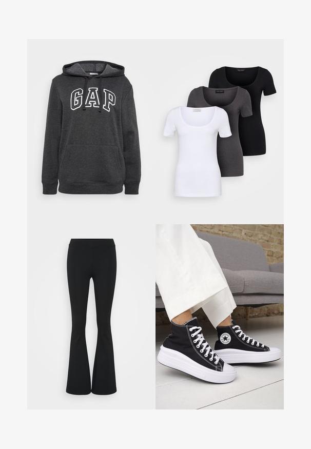 Ciemnoszara bluza z kapturem wykonana z miękkiego materiału. Posiada przednią kieszeń typu kangur, sznurki do ściągania w kapturze oraz białe logo "GAP" na wysokości piersi.; Trzy dopasowane koszulki w kolorze białym, szarym i czarnym. Każda z nich ma szeroki dekolt w serek i krótkie rękawy. Wykonana z gładkiego, elastycznego materiału.; Czarne spódnice dzwonowe wykonane z elastycznego materiału, z wysokim stanem i gładką fakturą. Spodnie rozszerzają się od kolana.; Czarne trampki typu high-top z białą gumową podeszwą i sznurówkami. Posiadają okrągłą naszywkę z logo oraz kontrastujące białe przeszycia. Wykonane z materiału płóciennego.