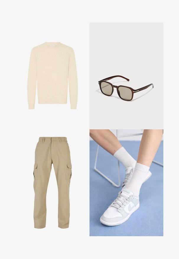 Vaalean beige neulepaita, joka on valmistettu pehmeästä neulekankaasta, pyöreällä kaula-aukolla ja pitkillä hihoilla. Paidan hihoissa ja helmassa on ribbineulos.; Beige cargo-housut, jotka on valmistettu puuvillatwillistä, sisältävät useita sivutaskuja, suoran lahkeen muotoilun ja vetoketjukiinnityksen, jossa on vyölenkit.; Valkoiset tennarit vaaleansinisillä yksityiskohdilla, nahkainen yläosa, rei'itetty varvas, paksut nauhat ja ribattu valkoinen sukka sinistä taustaa vasten.; Ruske srectangularne naočale s toniranim staklima, plastičnim okvirom i metalnim detaljima na stranama. Imaju elegantan dizajn i glatku teksturu.