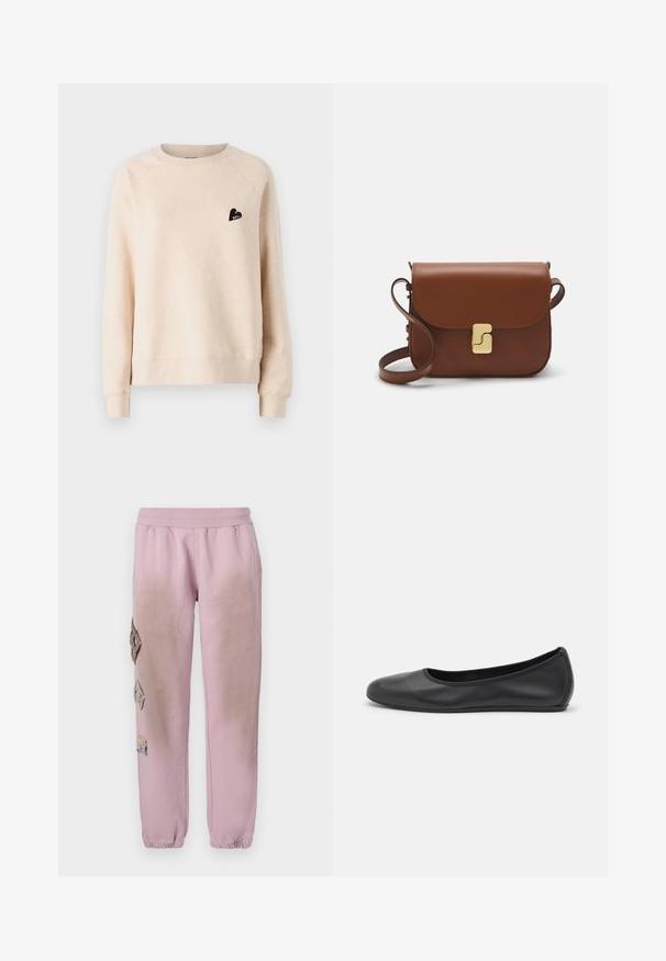 Beige crewneck sweatshirt raglan varrukatega. Vasakul rinnal on väike must süda logo. Pehme ja tekstuuriga kangas.; Valge lühikeste varrukatega T-särk ribatud kangast. Ümara kaelusega, tavalisest sobivusest ja peente õmbluse detailidega. Ilma mustrite või graafikateta.; Roosa spordipüksid elastse paelaga vööl, millel on vasakul küljel dekoratiivsed rombikujulised plaastrid ja elastsed mansetid pahkluude juures.; Musthave mustika tantsutossud mustast nahast, ümmarguse varbaga, siledast tekstuurist, minimaalse õmblusdetailiga ja paindliku tallakujundusega.; Pruunist nahast käekott, millel on klapiga sulgur, kuldne riistvara, õlarihm ja sile tekstuur. Kompaktne ristkülikukujuline vorm.