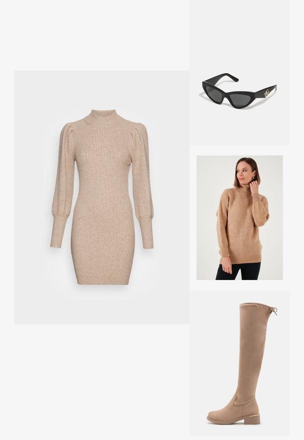 Šviesiai rudas megztinis su aukštu kaklu, laisvu siluetu, mezgimo tekstūra ir raukšlėtais rankogaliais bei apatine dalimi. Priekyje šiek tiek ilgesnis, su nusileidusių pečių, sukuriantis atsipalaidavusį įvaizdį.; Bežinė megzta suknelė su braižyta tekstūra, aukštu kaklu ir pūstomis rankovėmis. Tinkanti figūrai siluetas su trumpu sijonu.; Knee-high smėlio spalvos zomšiniai batai su apvaliu nosiu, blokuotu kulnu ir subtiliu auksiniu akcentu ant kulno. Lygi tekstūra su prigludusia forma.; Katės akies saulės akiniai su matinio juodo plastiko rėmeliu, tamsiais lęšiais ir auksiniu logotipo akcentu ant šventyklos. Kampuota forma ir glotni tekstūra.; Michael Kors rankinė smėlio spalvos dengto kanvoje su pakartotiniu MK logotipo raštu, auksinėmis detalėmis ir nuimamu grandininiu dirželiu.