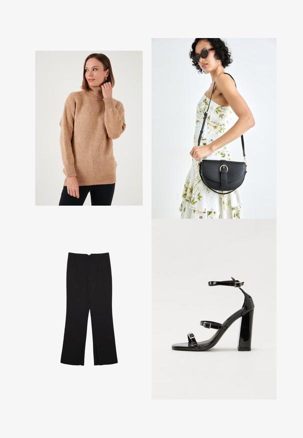 Beige coltrui met een loose fit, van breiwerk met ribbelstructuur en ribgebreide manchetten en zoom. Voorkant iets langer met verlaagde schouders, wat zorgt voor een ontspannen uitstraling.; Zwarte broek met een rechte pasvorm, voorzien van zijzakken en plooien aan de onderzijde. Gemaakt van zachte, gladde stof. Geschikt voor verschillende gelegenheden.; Zwarte gepatenteerde sandalen met hak en een vierkante neus, enkelbandjes en zilveren gespen. Heeft een stevige blokhak voor stabiliteit.; Zwarte leren handtas met een gebogen vorm, afneembare schouderband en gouden hardware. De tas heeft een klep met een gespsluiting.