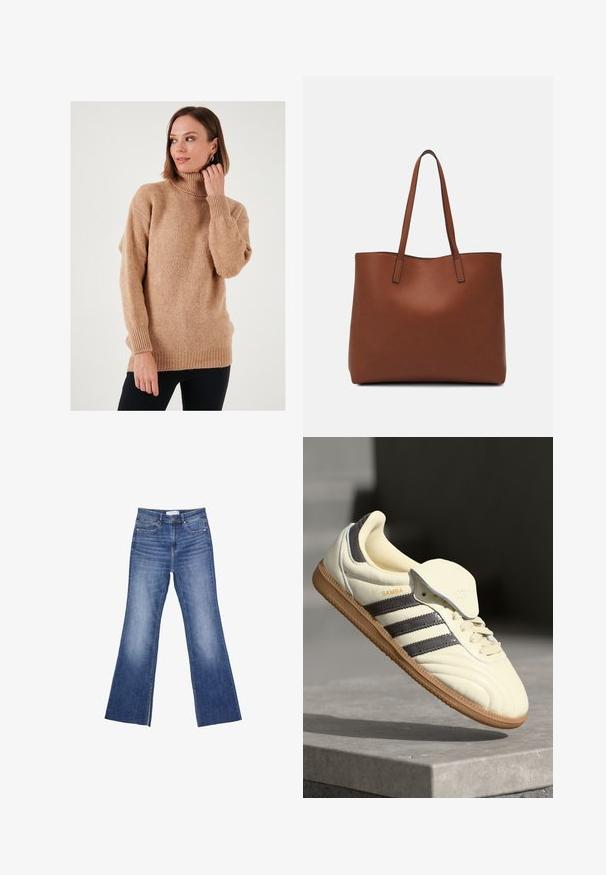 Pull en col roulé beige à coupe ample, texture tricotée, avec des poignets et un ourlet côtelés. L'avant est légèrement plus long avec des épaulettes tombantes, créant un look décontracté.; Jean en denim bleu avec une taille haute, des poches avant et une légère évasement en bas sur un fond blanc.; Baskets en cuir crème avec trois bandes sombres, une semelle extérieure en gomme marron et un bout arrondi. Présentent une languette pliable étiquetée "SAMBA."; Sac fourre-tout en cuir marron avec une texture lisse, design à ouverture supérieure et deux poignées pour le porter à l'épaule. Présente des coutures minimales et aucun matériel visible.
