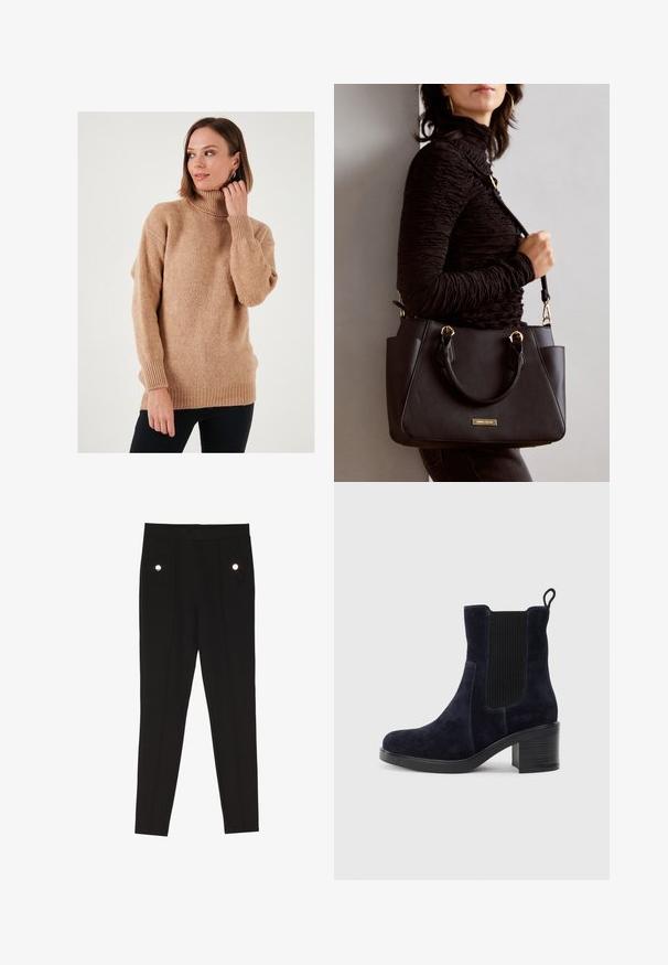 Béžový rolák s volným střihem, pletenou texturou a pružnými manžetami a lemem. Přední část je mírně delší s kleslými rameny, což vytváří uvolněný vzhled.; Černé kalhoty na míru s hladkým povrchem, které disponují dvěma předními kapsami se zdobnými kovovými detaily a slim-fit střihem.; Námorně modré semišové kotníkové boty s elastickým bočním panelem, kulatou špičkou a blokovým podpatkem. Texturovaná tkanina a hladká podrážka vytvářejí kontrast.; Černá kabelka s texturovaným povrchem, dvojitými horními uchy a nastavitelným ramenním popruhem. Obsahuje zlaté kovové prvky a boční kapsy.