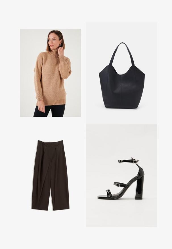 Beige turtleneck sweater with a loose fit, knit texture, and ribbed cuffs and hem. Front slightly longer with dropped shoulders, creating a relaxed look.; Dark brown wide-leg trousers with a high waist, featuring a single button closure and a pleated front. Made from lightweight fabric.; Black patent heeled sandals with a square toe, ankle straps, and silver buckles. Features a chunky block heel for stability.; Black tote bag made of smooth leather, featuring a curved, open top with two shoulder straps and a minimalist design.
