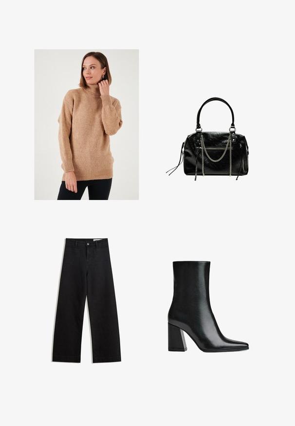 Beige turtleneck sweater with a loose fit, knit texture, and ribbed cuffs and hem. Front slightly longer with dropped shoulders, creating a relaxed look.; Black wide-leg denim pants with a high waist, featuring front and back pockets, stitched seams, and a button closure. Smooth texture.; Black leather ankle boot with a pointed toe and high block heel. Smooth texture with a sleek silhouette and a solid base design.; Bershka WITH CHAIN - Handbag - black