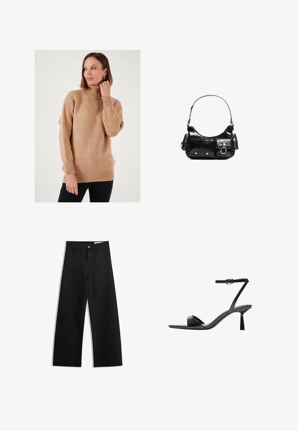 Beige turtleneck villapaita, jossa on väljä istuvuus, neulottu rakenne ja ribattu hihansuu ja helma. Etuosa on hieman pidempi, ja siellä on roikkuneet hartiat, mikä luo rennon ilmeen.; Mustat leveät farkut korkealla vyötäröllä, joissa on etu- ja takataskut, ommellut saumat ja nappisuljenta. Silkinoinen rakenne.; Bershka Korolliset sandaalit - black; Mustekko mustasta kiiltonahasta valmistettu käsilaukku, jossa on kaareva muoto, yksi olkahihna, etutaskut ja hopeanväriset yksityiskohdat.