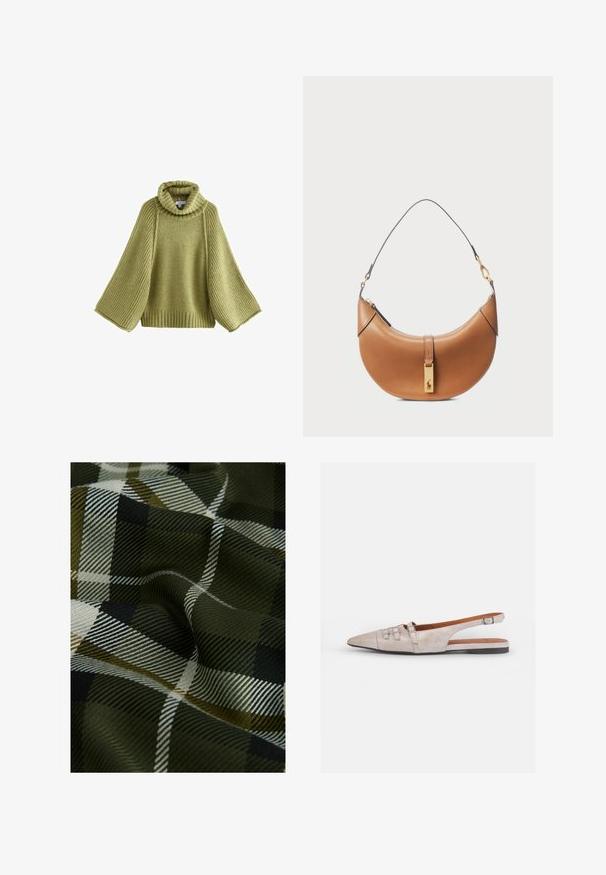 Svetlozeleni pleteni pulover z visokim, rebrastim ovratnikom in širokimi rebrastimi rokavi. Teksturni del z ohlapnim krojem in rebrastim robom.; Tkanina s tkanim karirastim uzorkom u tamnozelenoj, crnoj i bijeloj boji. Tekstura je glatka s mekim, uzorkovanim završetkom.; Svetlo bež slingback čevelj s koničastim nosom, mehak nubuk material, z dvema okrasnima sponkama in nizko, ravno peto.; Torbica iz rjavega usnja s ukrivljeno obliko, z zlatimi dodatki in tankim naramnim trakom. Ima zadrgo za zapiranje in detajl logotipa na sprednji strani.