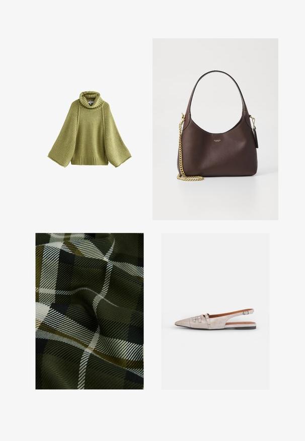 Pulover tricotat de culoare verde deschis, cu guler înalt cu model și mâneci largi cu model. Corp texturat cu croi lejer și tiv cu model.; Țesătură tartan împletită cu culori verde închis, negru și alb. Textura este netedă, cu un finisaj moale și modelat.; Pantof light beige de tip slingback, cu vârf ascuțit, textură moale de suede, având două catarame decorative și un toc jos, plat.; COACH BROOKLYN SHOULDER BAG 23 - Geantă de mână - maple