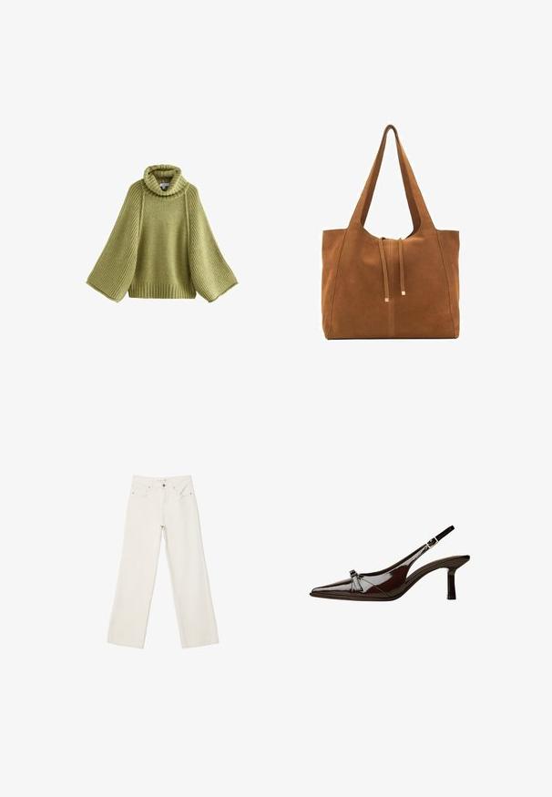 Lys grøn strikket sweater med en høj, ribbet krave og brede, ribbede ærmer. Tekstureret krop med en løs pasform og ribbet kant.; Hvide brede bukser lavet af denim, med høj talje, frontlommer og knaplukning. Renset design med minimale accenter.; Brun patentlæder slingback sko med spids tå, lav hæl og en dekorativ sløjfe foran. Glat, skinnende tekstur.; Brun ruskinds-tote med to lange stropper, snørelukning og minimalistisk design. Glat tekstur og ingen synlige hardware-detaljer.
