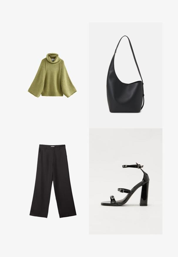 Světle zelený pletený svetr s vysokým, žebrovaným límcem a širokými, žebrovanými rukávy. Texturované tělo s volným střihem a žebrovaným lemem.; Černé široké kalhoty vyrobené z hladké tkaniny, s předním zipem a dvěma bočními kapsami, s dobře padnoucím střihem a minimalistickým designem.; Černé lakované sandály na podpatku se čtveratou špičkou, lýtkovými pásky a stříbrnými přezkami. Disponují masivním blokovým podpatkem pro stabilitu.; Černá kožená hobo taška s hladkým povrchem, zakřiveným tvarem a jedním nastavitelným popruhem; má široké otevírání nahoře.