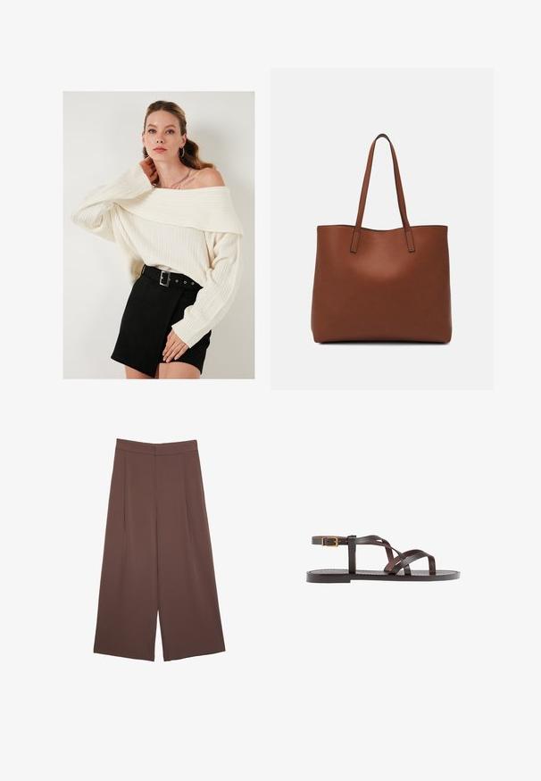 Crème off-shoulder gebreide trui met ribbeltextuur, gecombineerd met een hooggerande zwarte suede rok met een riem en zijaccenten.; Bruine wijde broek met een gladde textuur, voorzien van een hoge taille en plooien aan de voorkant. De stof is lichtgewicht en valt losjes.; Bruine leren sandaal met kruisingen van banden, een enkelgesp-sluiting en een platte zool met minimale stikdetails.; Bruine leren tote bag met een gladde textuur, een ontwerp met een open bovenkant en twee schouderbanden. Kenmerkt zich door minimale stiksels en geen zichtbare hardware.