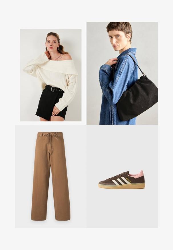 Kreem kahe õlgadega kudum, millel on ribidega tekstuur, koos kõrge vöökohaga mustast sametist seelikuga, millel on vöö ja külgsed detailid.; Pruunid laiad püksid, mis on valmistatud puuvillast, elastse vöökoha ja kahe esimese taskuga. Pind struktuurne, kuid sile.; adidas Originals HANDBALL SPEZIAL UNISEX - Tossud - dark brown/alumina/wonder mauve; Must mustrakk mustrahk, pehmea ja struktureeritud kuju, õhukese nahkrihmaga ja peene kaubamärgi logoga. Mudel kannab teksajakki.