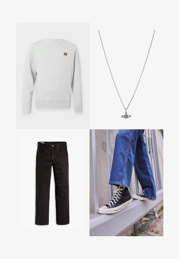 Szürke kapucnis pulóver hosszú ujjal, kerek nyakkivágással és bordás mandzsettával, bal mellen egy kis hímzett rókafejjel. Puha, texturált anyag.; Fekete egyenes szárú farmernadrág öt zsebbel, gombos záródással és övhurkokkal, fehér háttéren elhelyezve.; Fekete magasszárú sportcipők fehér talppal és fűzővel, laza kék farmernadrággal párosítva, egy szürke korlát tetején pihenve.; Ezüst lánc nyaklánc, részletes, bolygó formájú medállal, kicsi díszítőelemekkel és összetett mintákkal díszítve.