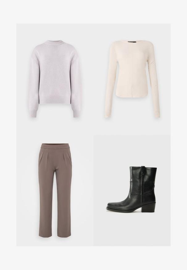 Jasnolawendowy sweter z okrągłym dekoltem w prążki, długimi rękawami i teksturowanym wzorem dzianiny. Dolna część i mankiety mają prążkowane wykończenie.; Długi rękaw, jasnobeżowa bluzka z okrągłym dekoltem. Wykonana z miękkiego materiału, posiada centralny szew oraz lekko zaokrąglony dół. Brak widocznych elementów metalowych.; Sukienki w kolorze taupe o luźnym kroju, z elastycznym paskiem w talii i fałdami z przodu, wykonane z gładkiego materiału.; Czarne skórzane botki za kostkę z okrągłym noskiem, słupkowym obcasem, bocznym zamkiem i przeszyciami na cholewce. Gładka tekstura, klasyczny design.