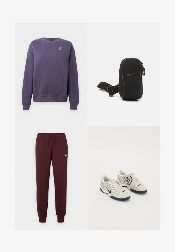 Sweatshirt roxo feito de tecido de mistura de algodão, apresentando um decote redondo, mangas compridas, punhos canelados e um logótipo branco no peito.; Calças de moletom cor vinho com cintura elástica e cordão. Apresentam punhos canelados e um pequeno logo branco da Nike na coxa esquerda. Textura suave.; Tênis Nike com um upper texturizado em bege e cinza, detalhes em preto, um grande logótipo "90" e um fecho de atacadores branco. Sola preta.; Pochete preta da Nike com fecho de zip, tecido texturizado, detalhes em castanho e uma correia destacável. Apresenta um logótipo da Nike em destaque na parte da frente.