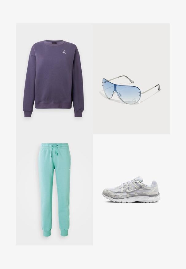 Purple sweatshirt made of cotton blend fabric, featuring a round neck, long sleeves, ribbed cuffs, and a white logo on the chest.; Mint green sweatpants with an elastic waistband, drawstring, and ribbed cuffs. Features a small white Nike logo on the left thigh.; Light gray athletic shoes with a mesh and synthetic upper, featuring a lace closure, padded collar, and textured sole for grip.; Aviator sunglasses featuring a gradient blue lens, silver metal frame, and decorative star accents on the lens. Smooth and sleek design.