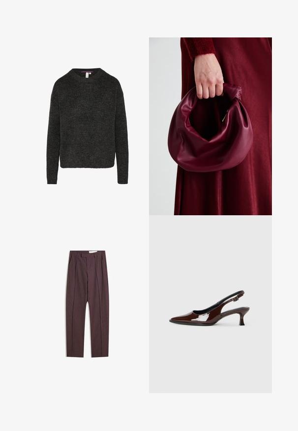 Donkergrijze gebreide trui met een ronde hals en lange mouwen. Heeft een geribbelde textuur en een rechte zoom. Casual pasvorm.; Paarse gestreepte broek met plooien, met een hoge taille en rechtlopende pasvorm. Gemaakt van een gladde, textuurstof.; Bruine gepatineerde leren slingback-schoen met een spitse neus en een gematigd hakje. Voorzien van een gespsluiting voor een veilige pasvorm. Glad van textuur.; Bordeaux leren handtas met een zacht, gegathered ontwerp en een ronde vorm. De handgreep is stevig bevestigd en toont een gladde textuur.