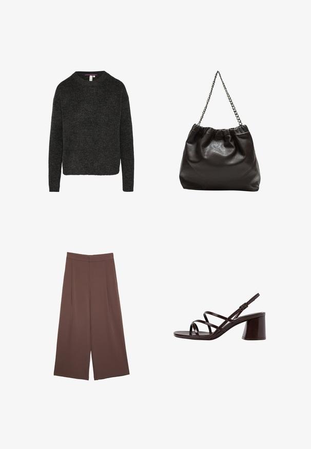 Dark grey knitted sweater with a round neckline and long sleeves. Features a ribbed texture and a straight hem. Casual fit.; Brown wide-leg trousers with a smooth texture, featuring a high waist and front pleats. The fabric is lightweight and flows loosely.; Brown strappy high-heel sandal with a chunky heel, featuring a smooth, glossy finish and multiple crisscross straps on the upper.; Brown leather bag with a gathered top and a chain strap. Smooth texture with a glossy finish and subtle seam detailing on the sides.
