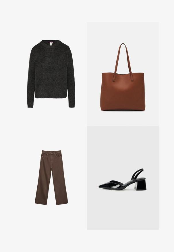 Donkergrijze gebreide trui met een ronde hals en lange mouwen. Heeft een geribbelde textuur en een rechte zoom. Casual pasvorm.; Brede bruine spijkerbroek van denim, met een hoge taille, voorzakken en een klassieke knoopsluiting. Soepele textuur met subtiele stiksels.; Zwarte gepatineerde leren slingback hakken met een spitse neus en een geometrische blokhak. Kenmerkt zich door een slank, minimalistisch ontwerp en een gladde textuur.; Bruine leren tote bag met een gladde textuur, een ontwerp met een open bovenkant en twee schouderbanden. Kenmerkt zich door minimale stiksels en geen zichtbare hardware.