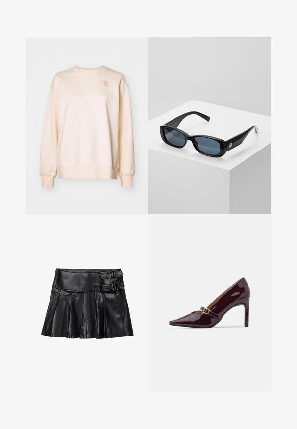 Φούτερ σε ροδακινί χρώμα με στρογγυλή λαιμόκοψη, κατεβασμένους ώμους, ριμπ μανσέτες και ένα μικρό υφαντό λογότυπο στο αριστερό στήθος. Μαλακό υλικό.; Μαύρη δερμάτινη φούστα με πτυχώσεις, φαρδιά ζώνη μέσης και δύο αγκράφες στο πλάι. Λείο υφή με γυαλιστερή επιφάνεια.; Πατενταρισμένο μπορντό ψηλοτάκουνο παπούτσι με μυτερή μύτη, λουράκι στον αστράγαλο με χρυσές λεπτομέρειες και κομψό, γυαλιστερό φινίρισμα. Υψωμένος στιλέτο τακούνι.; Μαύρα ορθογώνια γυαλιά ηλίου με τυπωμένους μπλε φακούς, χοντρές κορνίζες και χρυσό κυκλικό αξεσουάρ στο πλάι. Λεία, γυαλιστερή επιφάνεια.; Βουργουνδιά τσάντα χειρός από συνθετικό υλικό με δομημένο σχέδιο, διαθέτει αποσπώμενος ιμάντας και φουλάρι με λουλούδια δεμένο στη λαβή.