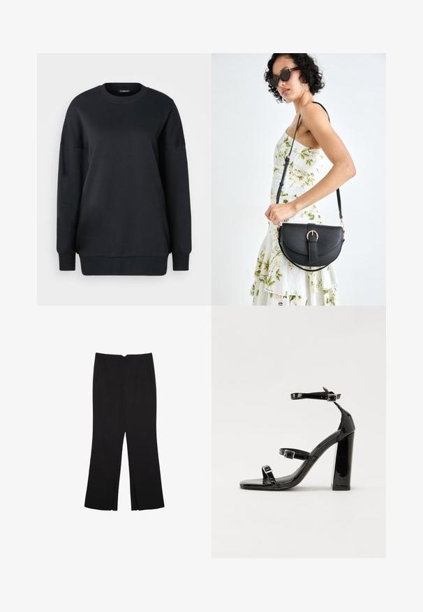 Crna majica s kapuljačom izrađena od pamuka, s okruglim izrezom, dugim rukavima i ležernim krojem. Glatka tekstura s rebrastim manžetama i rubom.; Crne hlače ravnog kroja, s prednjim džepovima i bočnim prorezima na rubu. Izrađene od mekog i glatkog materijala. Pogodne za razne prigode.; Crne lakirane sandale na visoku petu s dva remena s kopčama, kvadratnim vrhom i masivnom blok petom, s glatkom, sjajnom teksturom.; Crna kožna torba s lukovitim oblikom, odvojivim remenom i zlatnim detaljima. Torba ima preklop s kopčom.