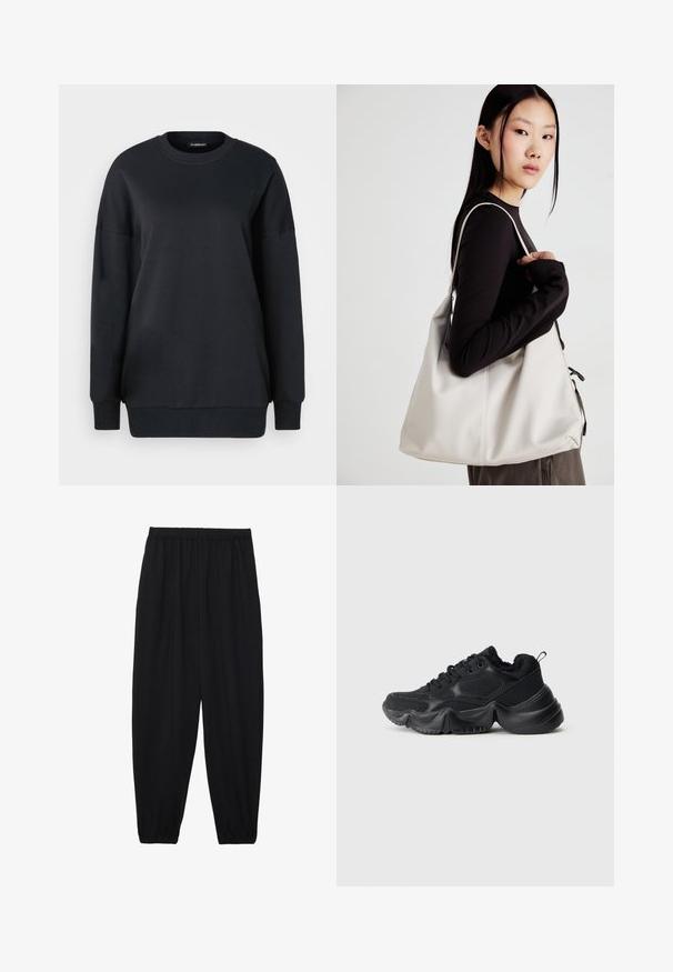 Svart hettegenser laget av bomull, med rund hals, lange ermer og avslappet passform. Glatt tekstur med ribbede mansjetter og kant.; Svarte, lette bukser med elastisk liv og rynkede ankler. Stoffet er glatt og har en avslappet, innsvingt design.; Svart sneakers med en blanding av glatte og teksturerte materialer, tykke såler, rund form og dekorativ søm. Har en myk, plysj krage.; Beige håndveske laget av mykt materiale, med en slapp design, sydd detaljer og to skulderstropper. Passer for daglig bruk.