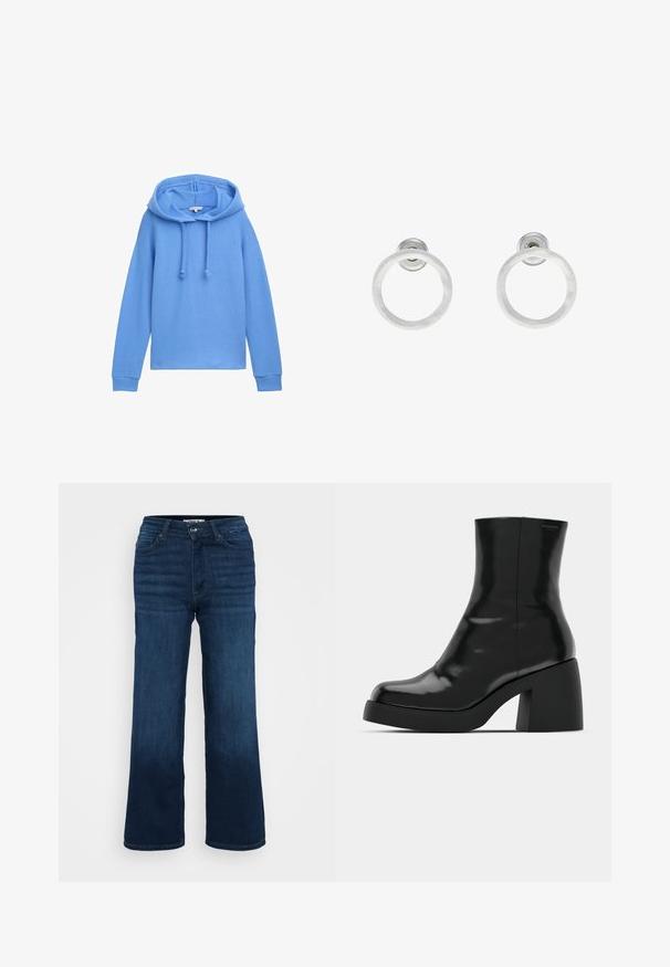 TOM TAILOR DENIM Džemperis - sicilian blue; ONLY Petite ONLMADISON BLUSH WIDE - Platėjantys džinsai - dark blue denim; Juodi kulkšniniai batai su blizgiu paviršiumi, kvadratiniu pirštu ir storu blokiniu kulnu. Dizainas pasižymi be siūlių siluetu ir minimalia ženklinimo. ; Sidabriniai metaliniai auskarai žiedų pavidalu su šveitimo tekstūra, turintys apvalų dizainą ir skaidrų laikiklį saugiam dėvėjimui.