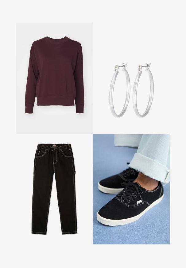 Burgundowa bluza z okrągłym dekoltem, rękawami raglanowymi i ściągaczami. Wykonana z miękkiego materiału, ma luźny krój i minimalne detale.; Czarne dżinsy z kontrastowym białym przeszyciem, pięcioma kieszeniami i metką z boku. Standardowy krój, prosty fason nogawki.; Czarne zamszowe sneakersy niskiego wzoru z czarnymi sznurowadłami, białą podeszwą środkową i metką z logo, w zestawieniu z jasnoniebieskimi spodniami dżinsowymi z podwiniętymi nogawkami na niebieskiej powierzchni.; Srebrne kolczyki w formie kółek o gładkim, polerowanym wykończeniu. O okrągłym kształcie i pewnym zapięciu na klik. Lekka konstrukcja odpowiednia do codziennego noszenia.