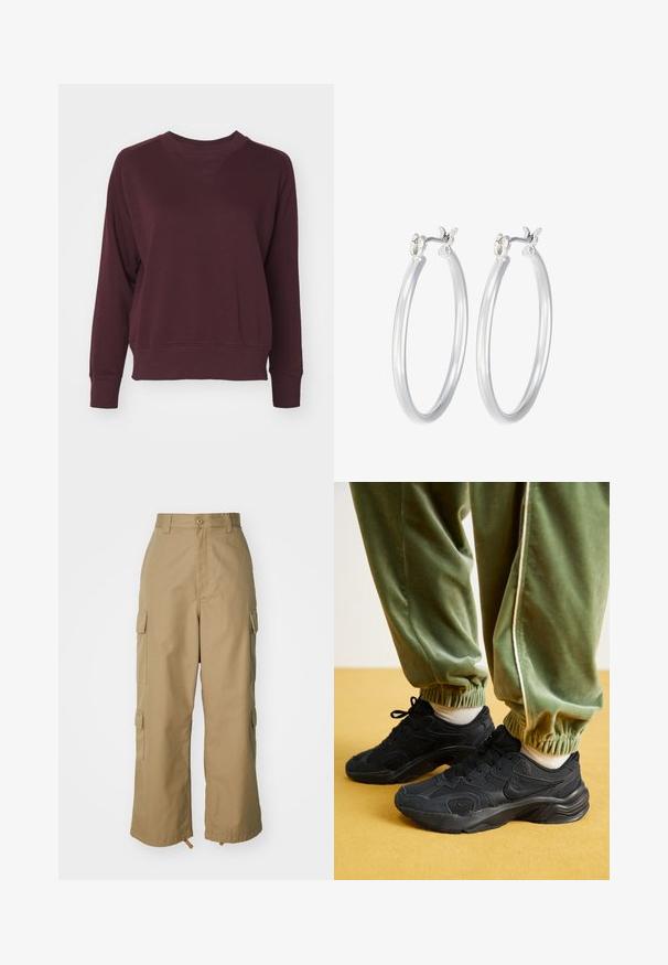 Burgundská mikina s kulatým výstřihem, raglánovými rukávy a žebrovanými manžetami. Vyrobena z měkké látky s volným střihem a minimálními detaily.; Béžové cargo kalhoty s vysokým pasem, širokými nohavicemi a čtyřmi velkými bočními kapsami. Vyrobené z odolné tkaniny s hladkým povrchem a minimálními detaily.; Černé sportovní tenisky s síťovinou a syntetickými překryvy, s texturovanou podrážkou, spárované se zelenými tepláky s elastickými manžetami, na žlutém povrchu.; Stříbrné kruhové náušnice s hladkým, lesklým povrchem. Kulatý tvar a bezpečné zapínání na klip. Lehký design vhodný pro každodenní nošení.