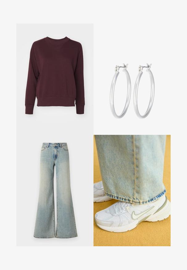 Felpa bordeaux con collo a girocollo, maniche raglan e polsini a costine. Realizzata in tessuto morbido con una vestibilità rilassata e dettagli minimi.; Jeans ampi di colore blu chiaro con vita alta, caratterizzati da una finitura sbiadita, tasche frontali e una leggera incisione in fondo alle gambe.; Sneakers atletici bianchi con tomaia in rete, accenti verdi, suola testurizzata, abbinati a jeans in denim blu chiaro con orlo sfrangiato.; Orecchini a cerchio in argento con una finitura liscia e lucida. Forma rotonda e chiusura a scatto sicura. Design leggero adatto per l'uso quotidiano.