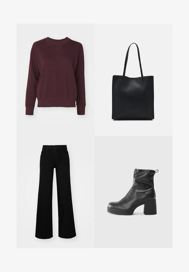 Sweatshirt burgundiu cu guler rotund, mâneci raglan și mansete ribbate. Fabricat dintr-un material moale, are o potrivire lejeră și detalii minime.; Pantaloni negri cu picioare largi, din denim, cu un brau structurat, bucle pentru curea și buzunare frontale. Textură netedă, cu un design clasic.; Bocanci negri de glezna din piele netedă, cu fermoar lateral, toc texturat și masiv, și design cu vârf rotund.; Geantă tote neagră din piele, cu textură netedă, formă rectangulară și două mânere lungi. Fără hardware vizibil sau ornamente.