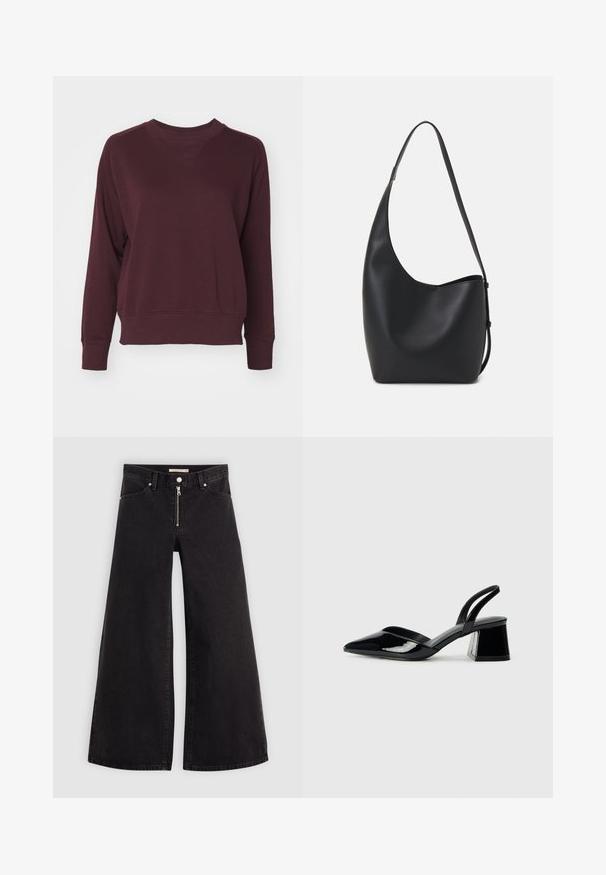 Bordó pulóver kerek nyakkivágással, raglán ujjakkal és bordázott mandzsettákkal. Puha anyagból készült, laza szabású, minimális részletekkel.; Fekete denim széles szárú farmer, cipzáros elejével, öt zsebes kialakítással és diszkrét varrással. Sima textúra és laza stílus.; Fekete lakk bőr szandálkés magas sarkú cipő, hegyes orral és geometrikus tömbsarkakkal. Karcsú, minimalista dizájn és sima textúra jellemzi.; Fekete bőr hobo táska sima textúrával, ívelt formával és egyetlen állítható pánttal; széles nyílás található a tetején.